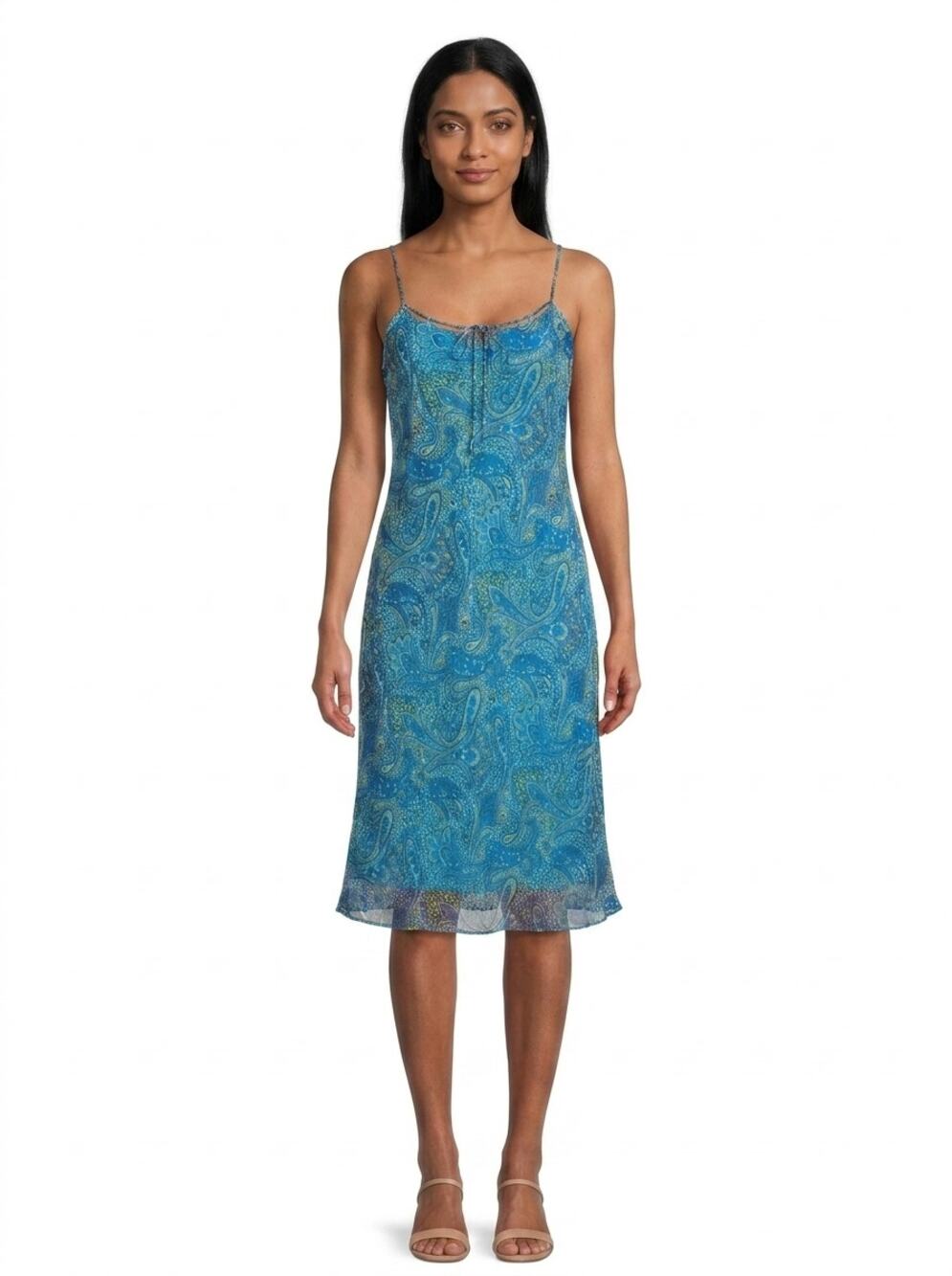 Vintage Long Paige Blue Ruffle Chiffon Knee Length Dress Women Size 6